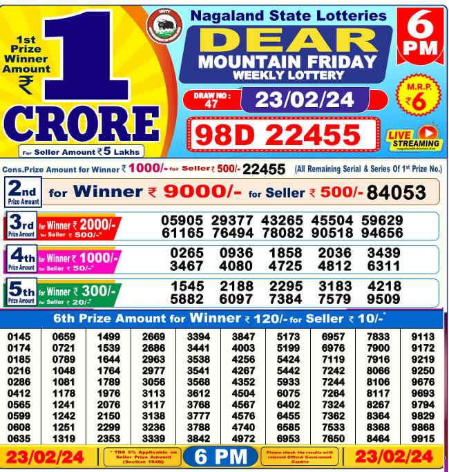 Nagaland 6  PM Lottery Result 24.2.2024